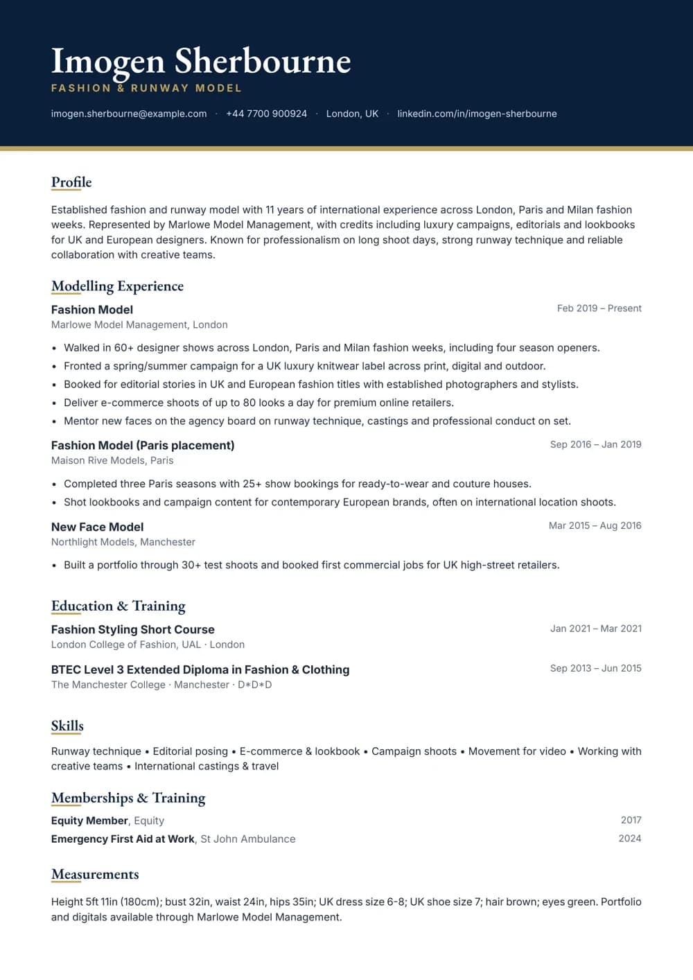 fashion & runway model cv template