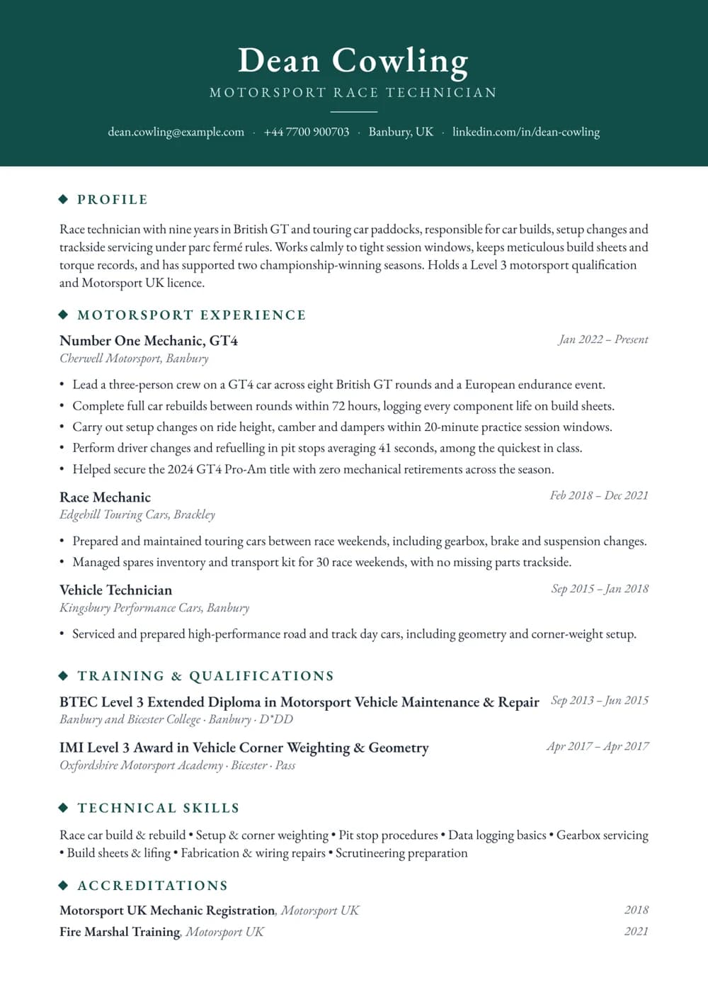 Motorsport Technician CV template