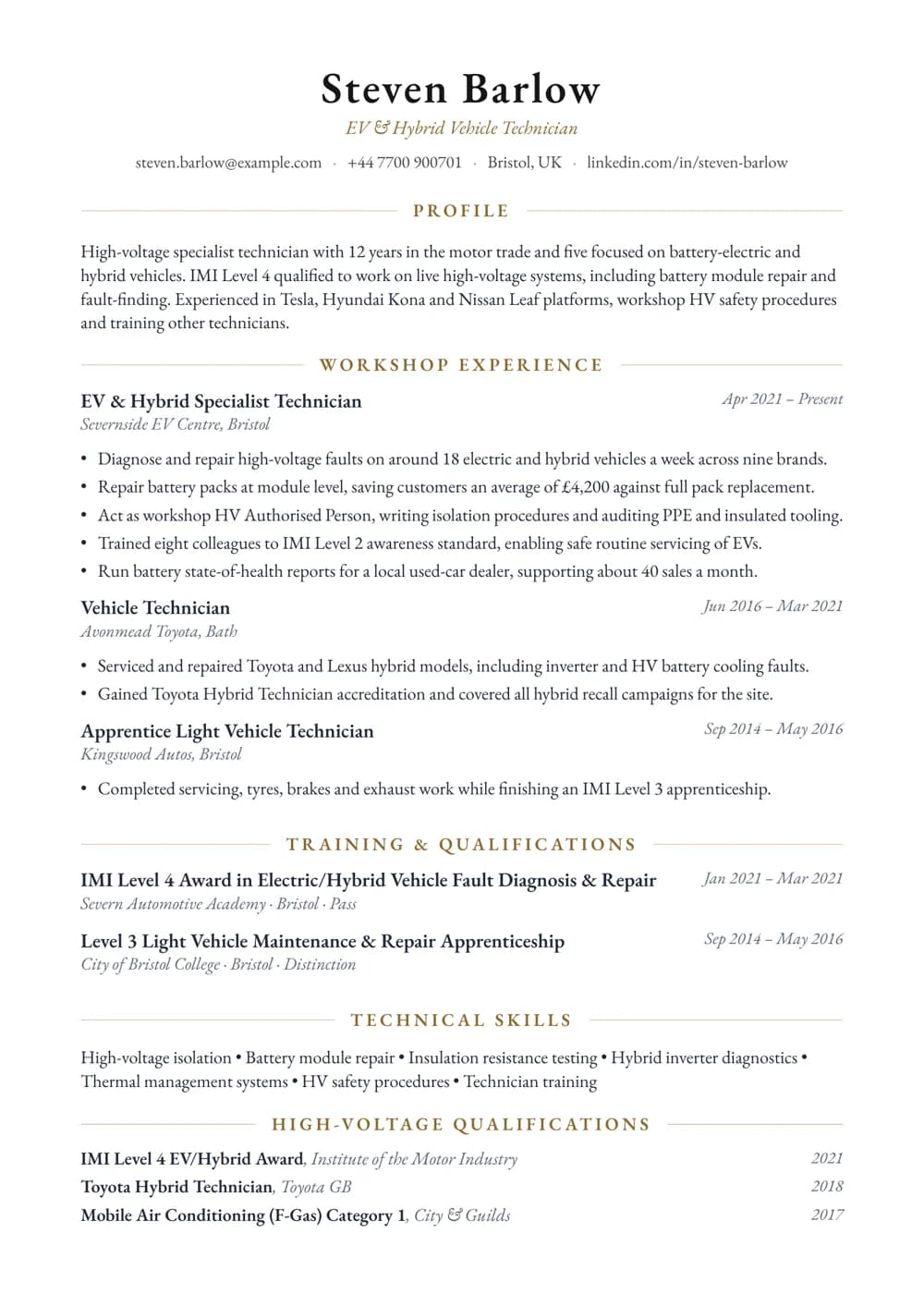 EV & Hybrid Technician CV template