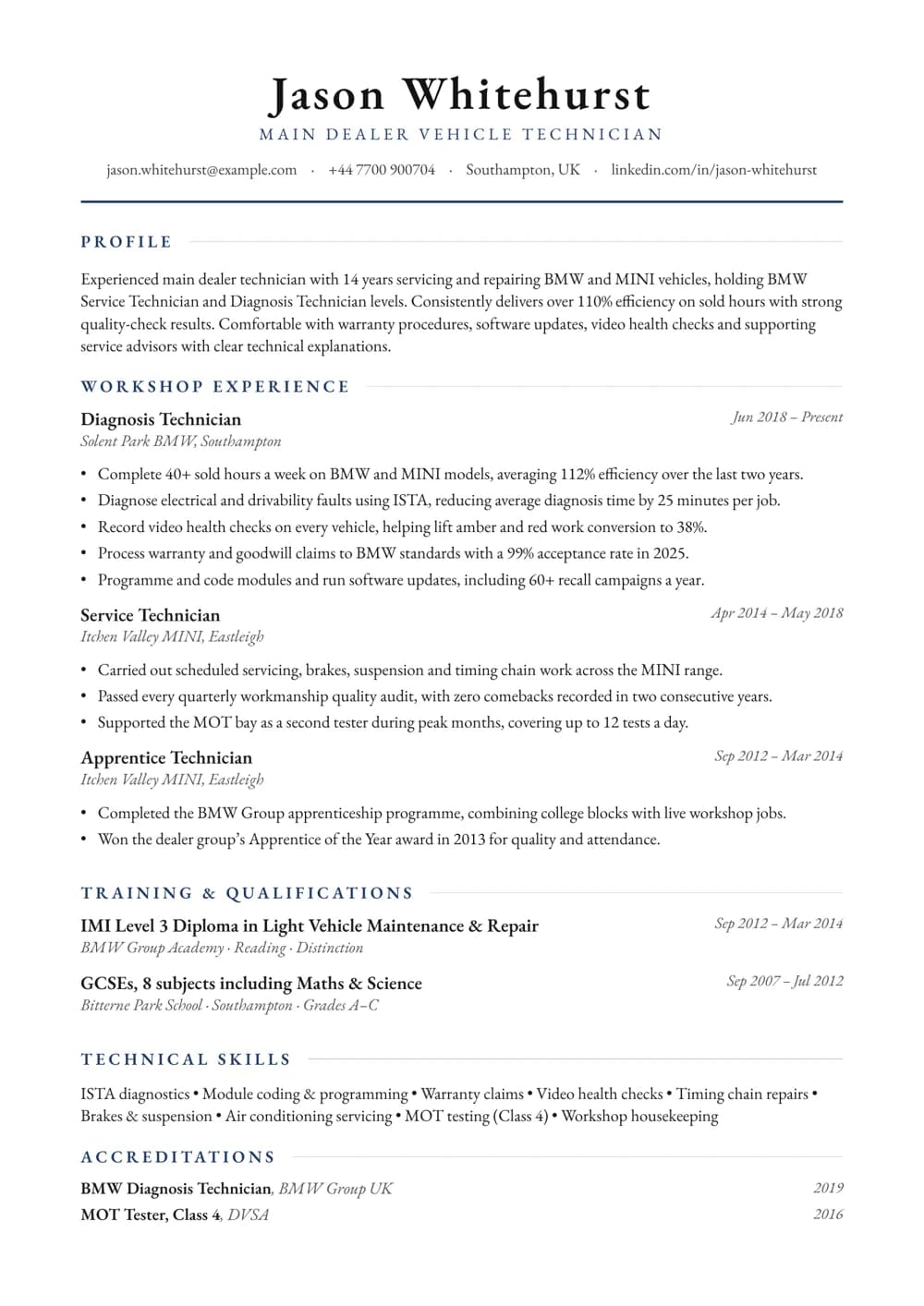 Main Dealer Technician CV template