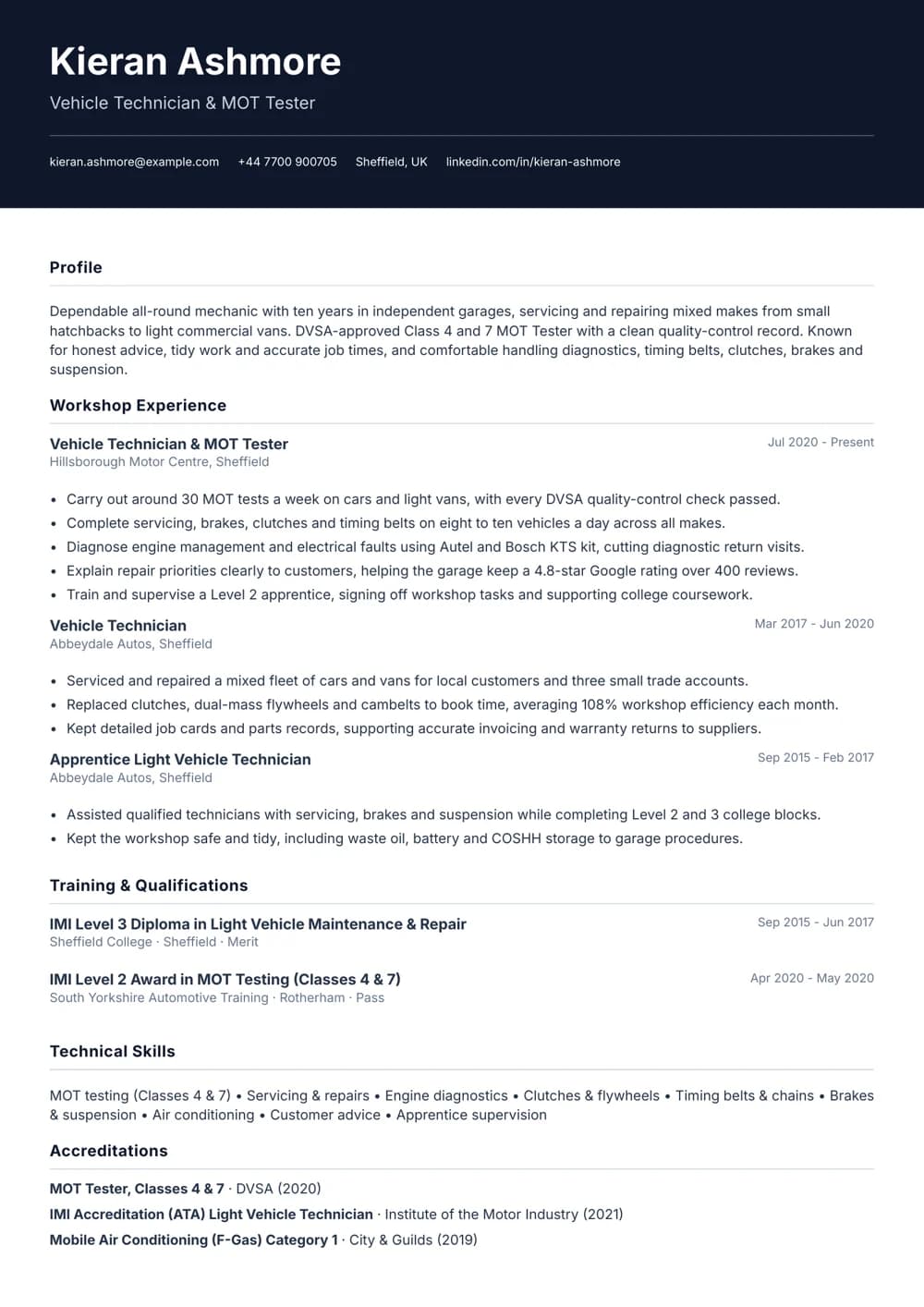 Independent Garage Mechanic CV template