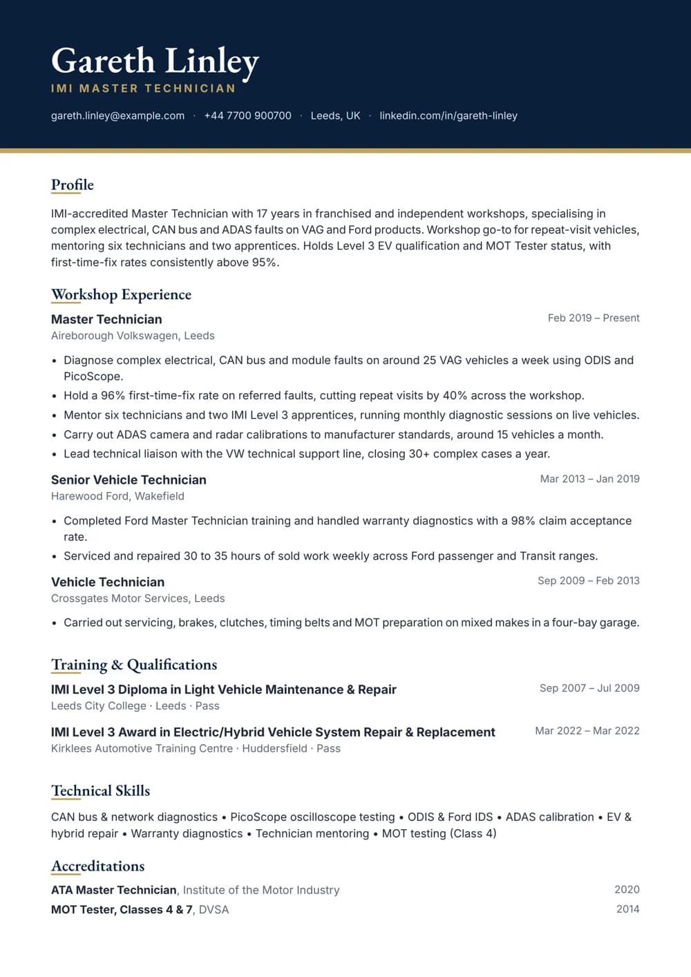 Master Technician CV template