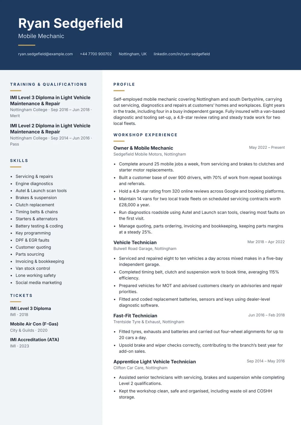 Mobile Mechanic CV template