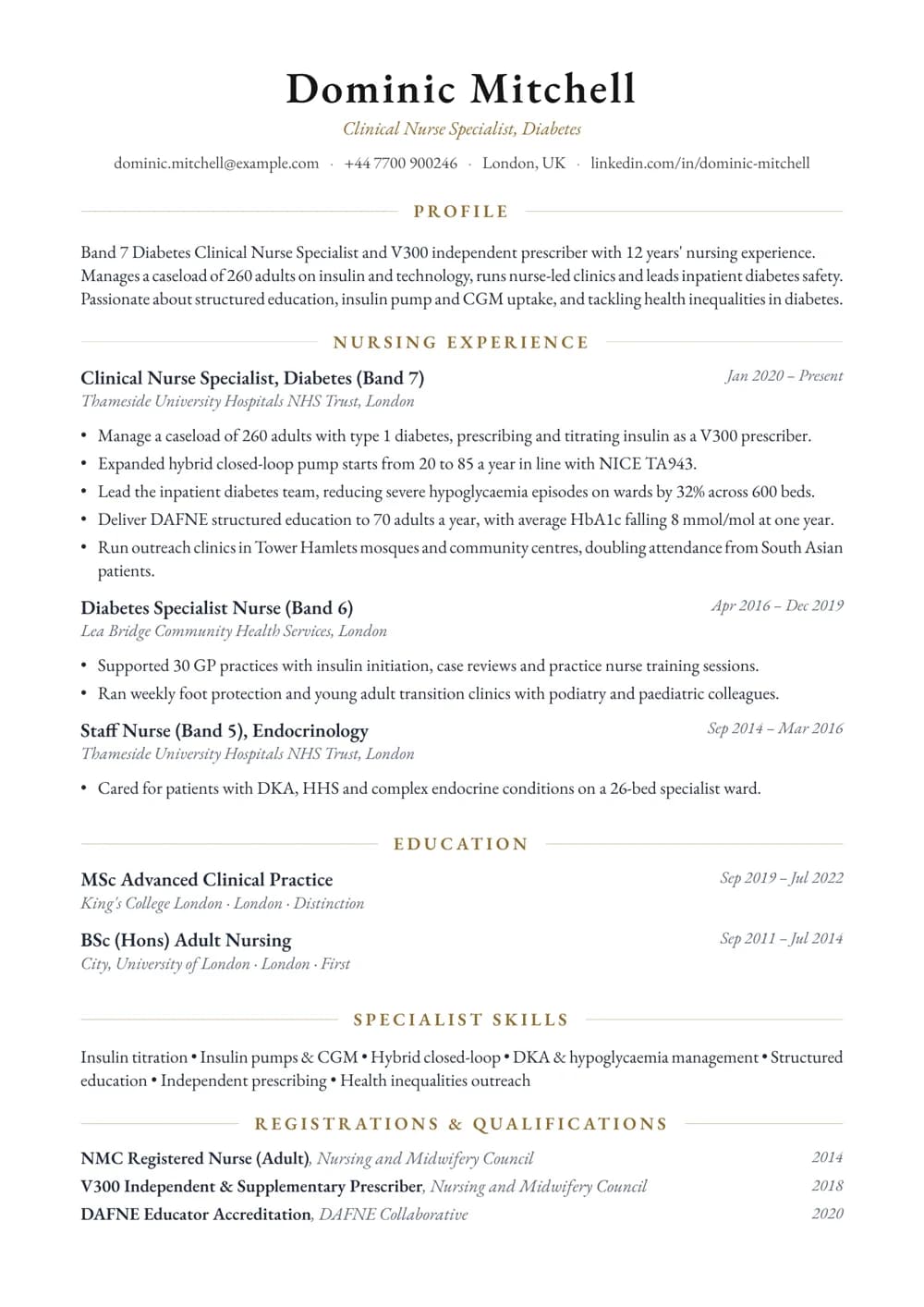 Diabetes Clinical Nurse Specialist CV template