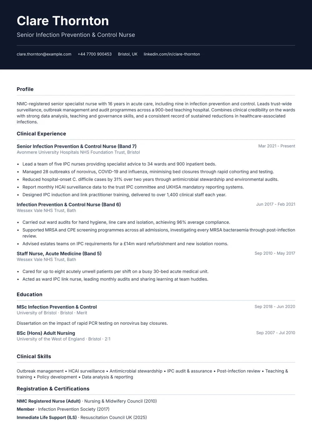 infection prevention nurse cv template