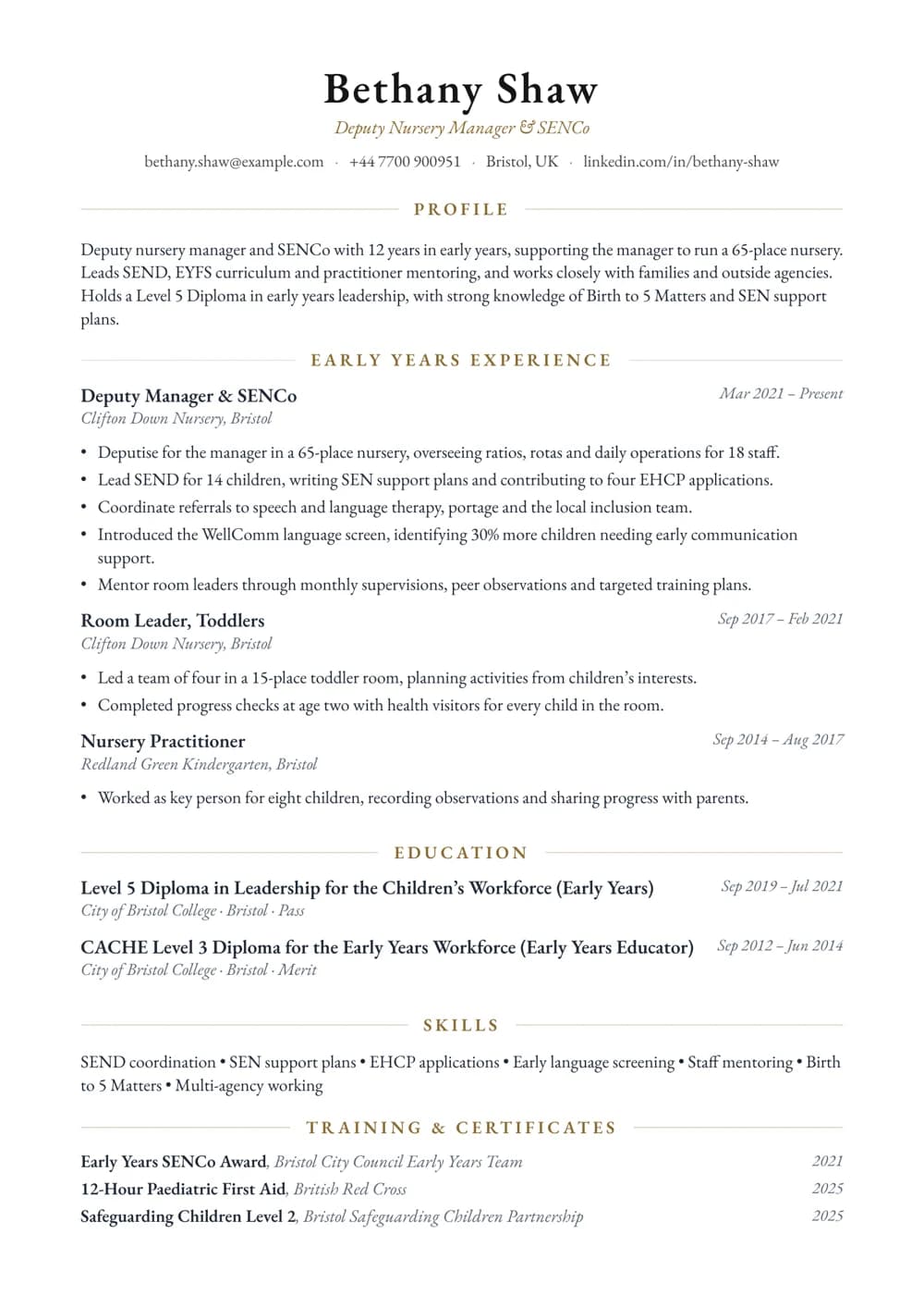 Deputy Nursery Manager CV template