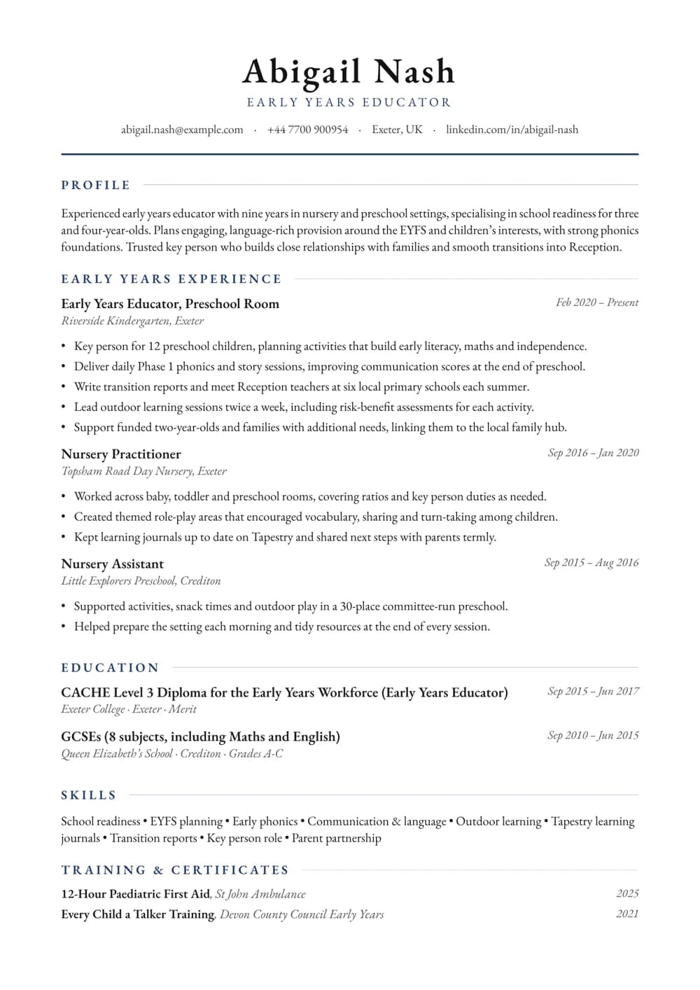 Early Years Educator CV template