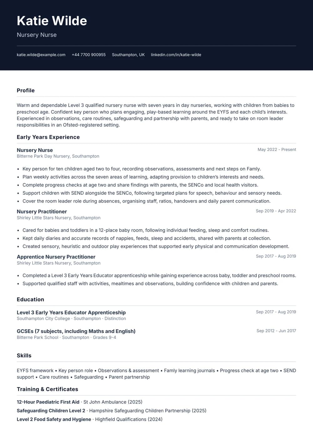 Qualified Nursery Nurse CV template