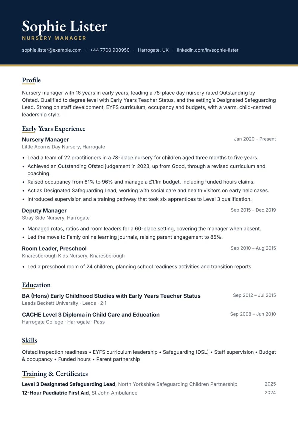 Nursery Manager CV template
