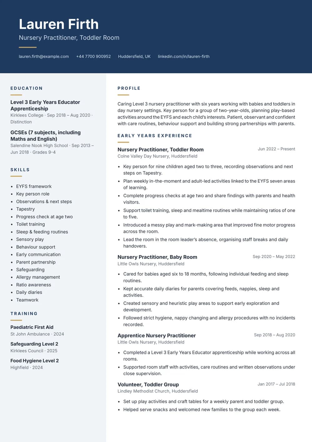 Toddler Room Practitioner CV template