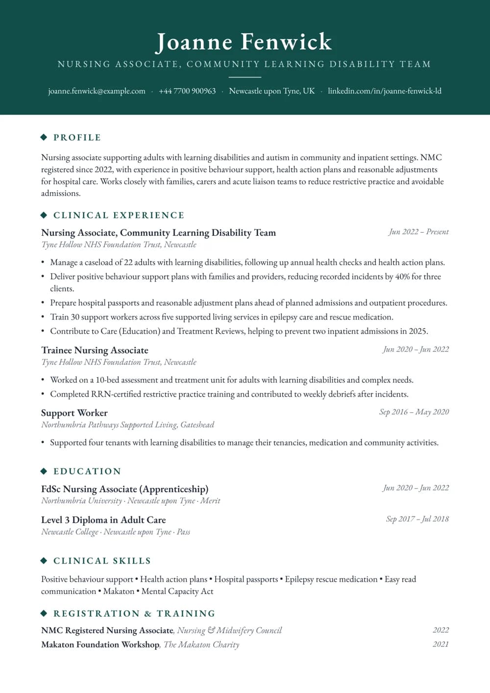 Learning Disability Nursing Associate CV template