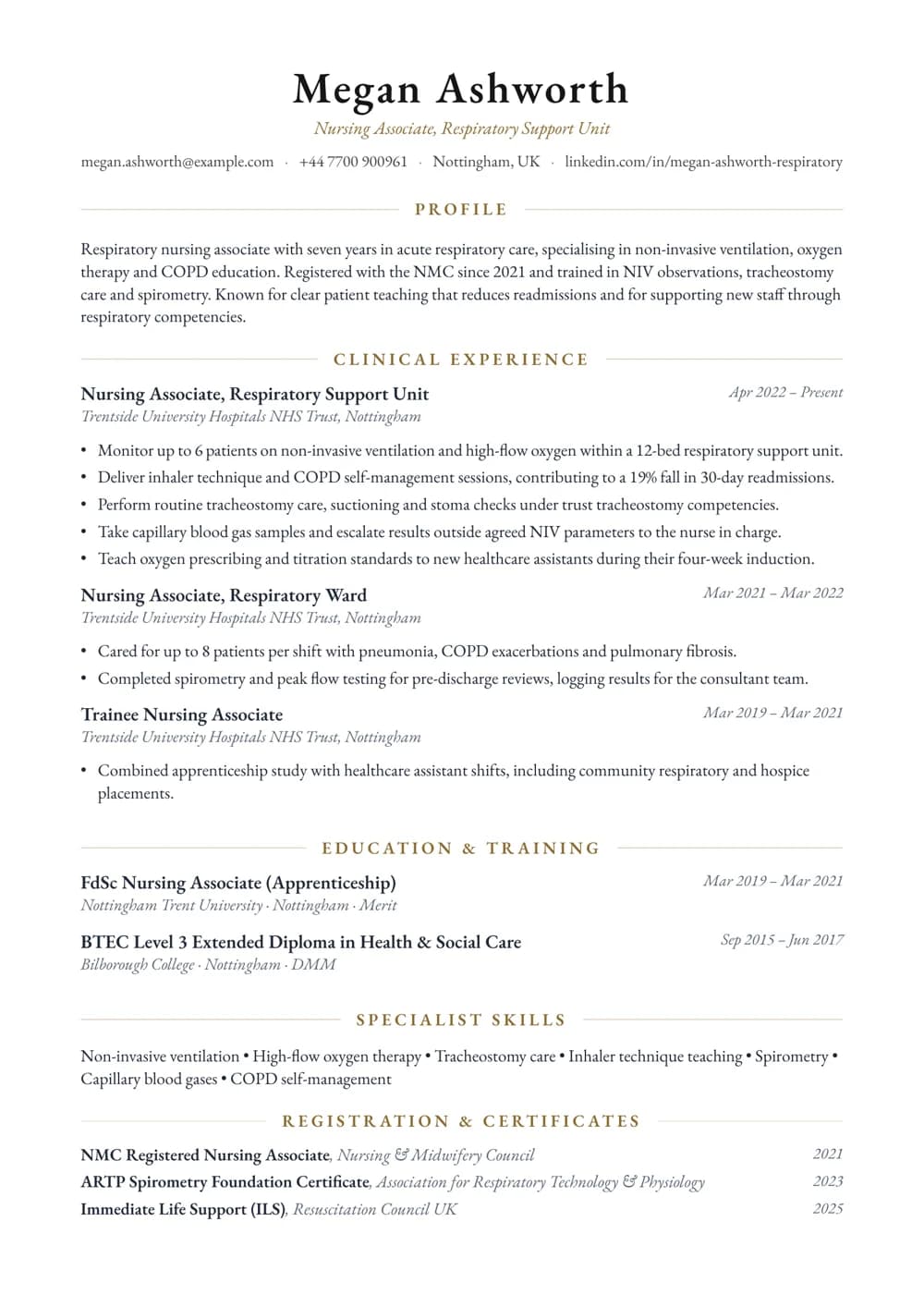 Respiratory Nursing Associate CV template