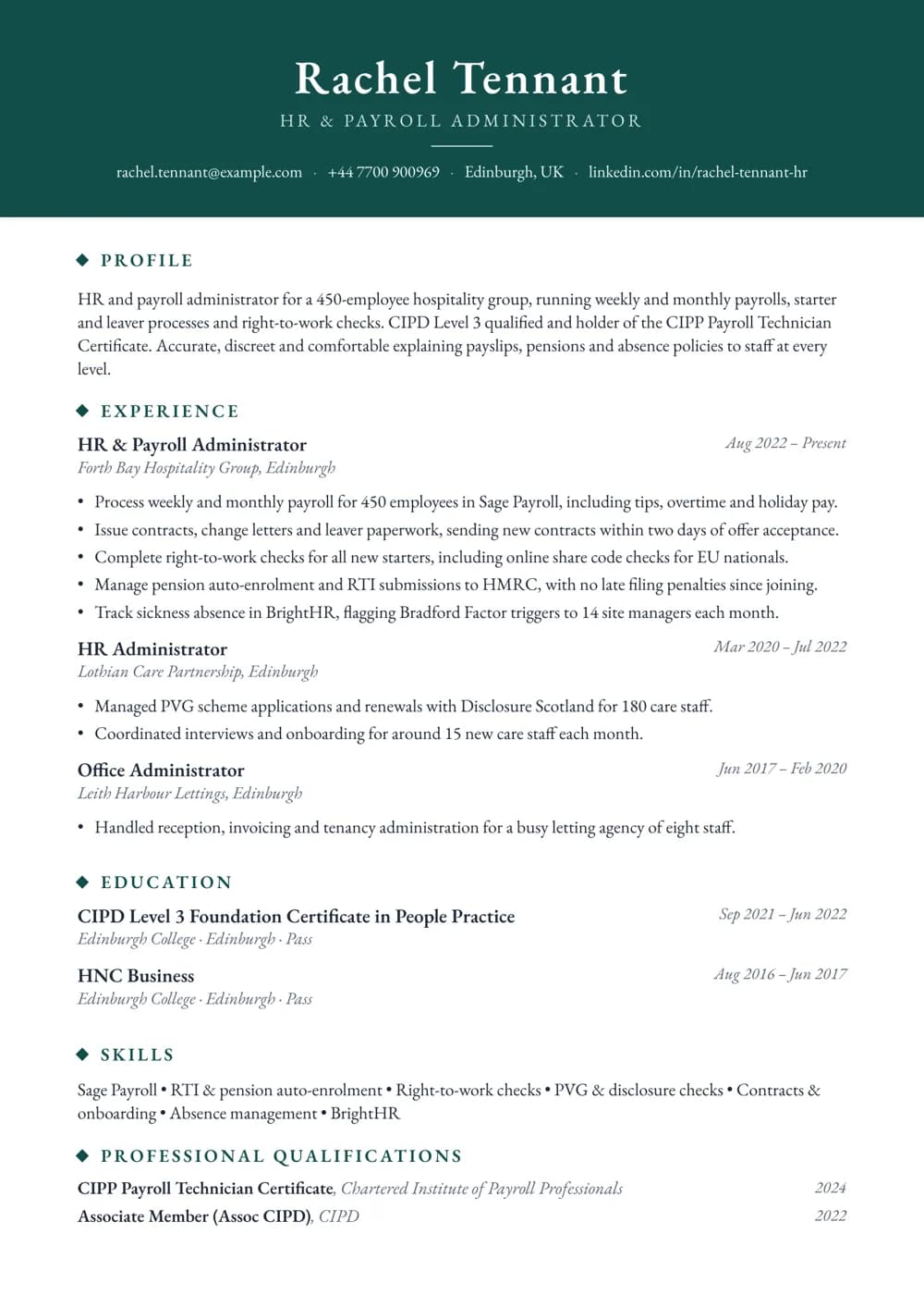 HR & Payroll Administrator CV template
