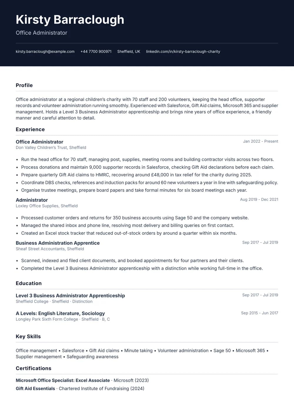 Charity Office Administrator CV template
