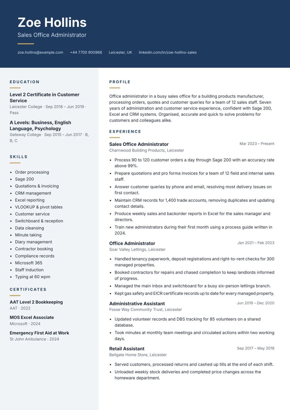 Sales Office Administrator CV template