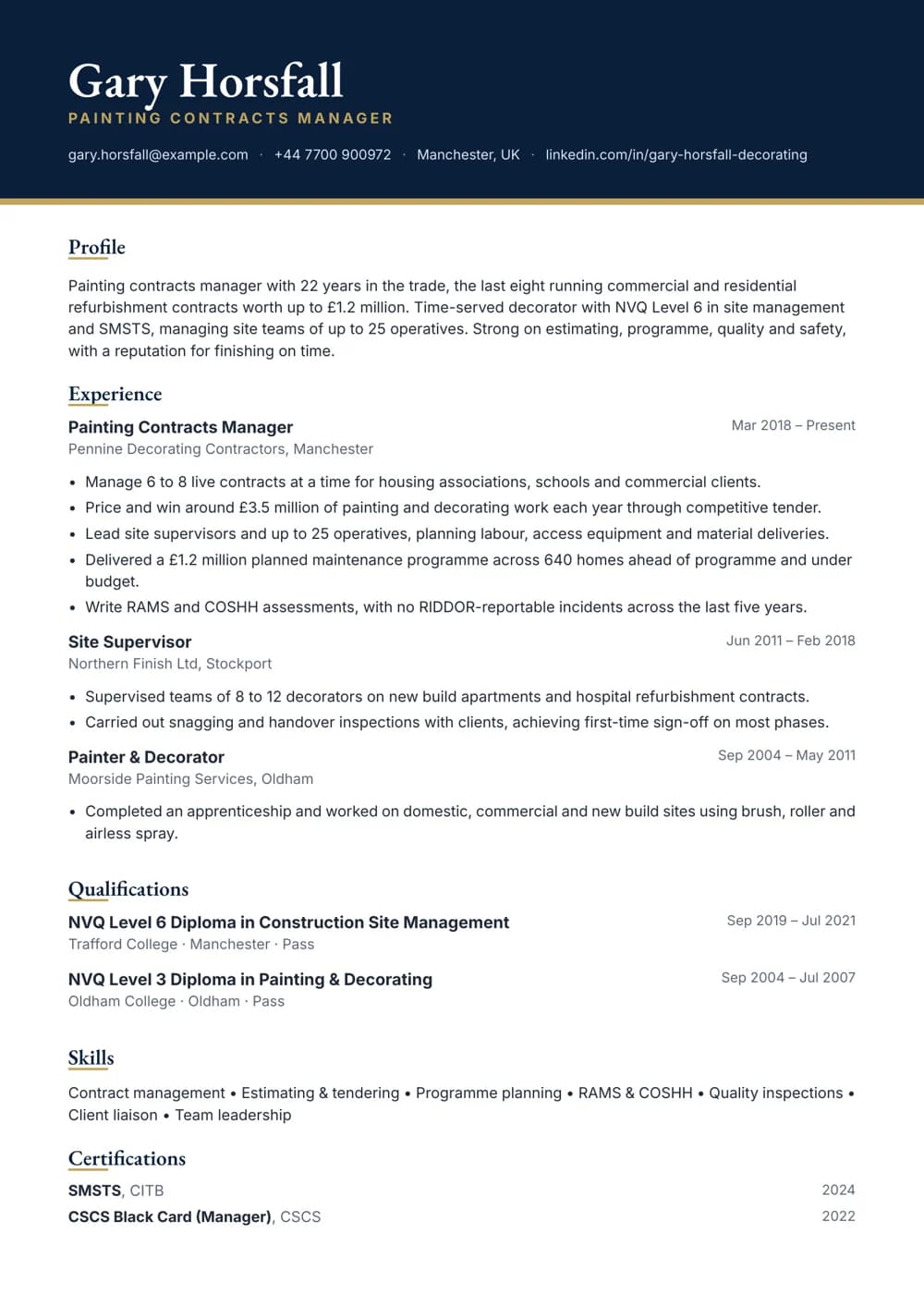 Painting Contracts Manager CV template