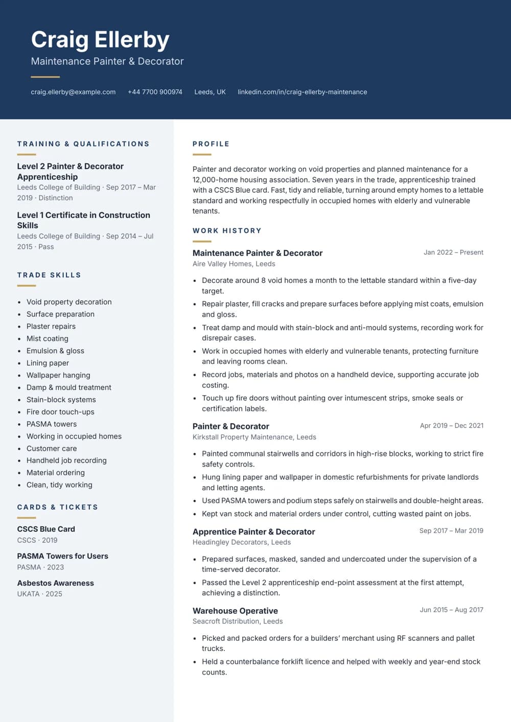 Maintenance Painter & Decorator CV template