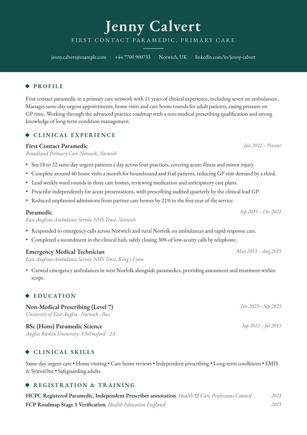 primary care paramedic cv template