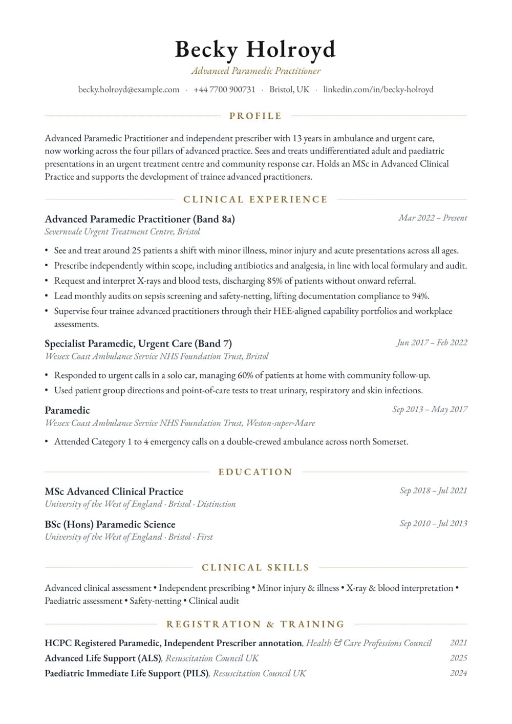 Advanced Paramedic Practitioner CV template