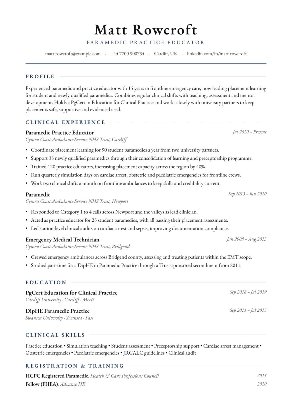 Paramedic Practice Educator CV template