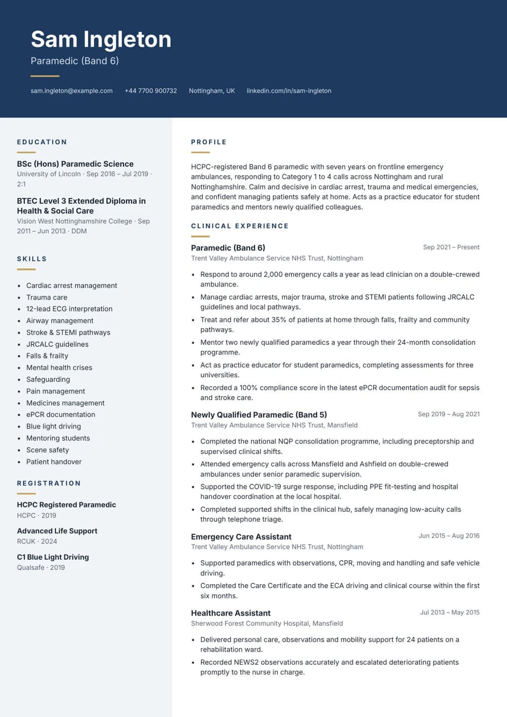 Frontline Ambulance Paramedic CV template