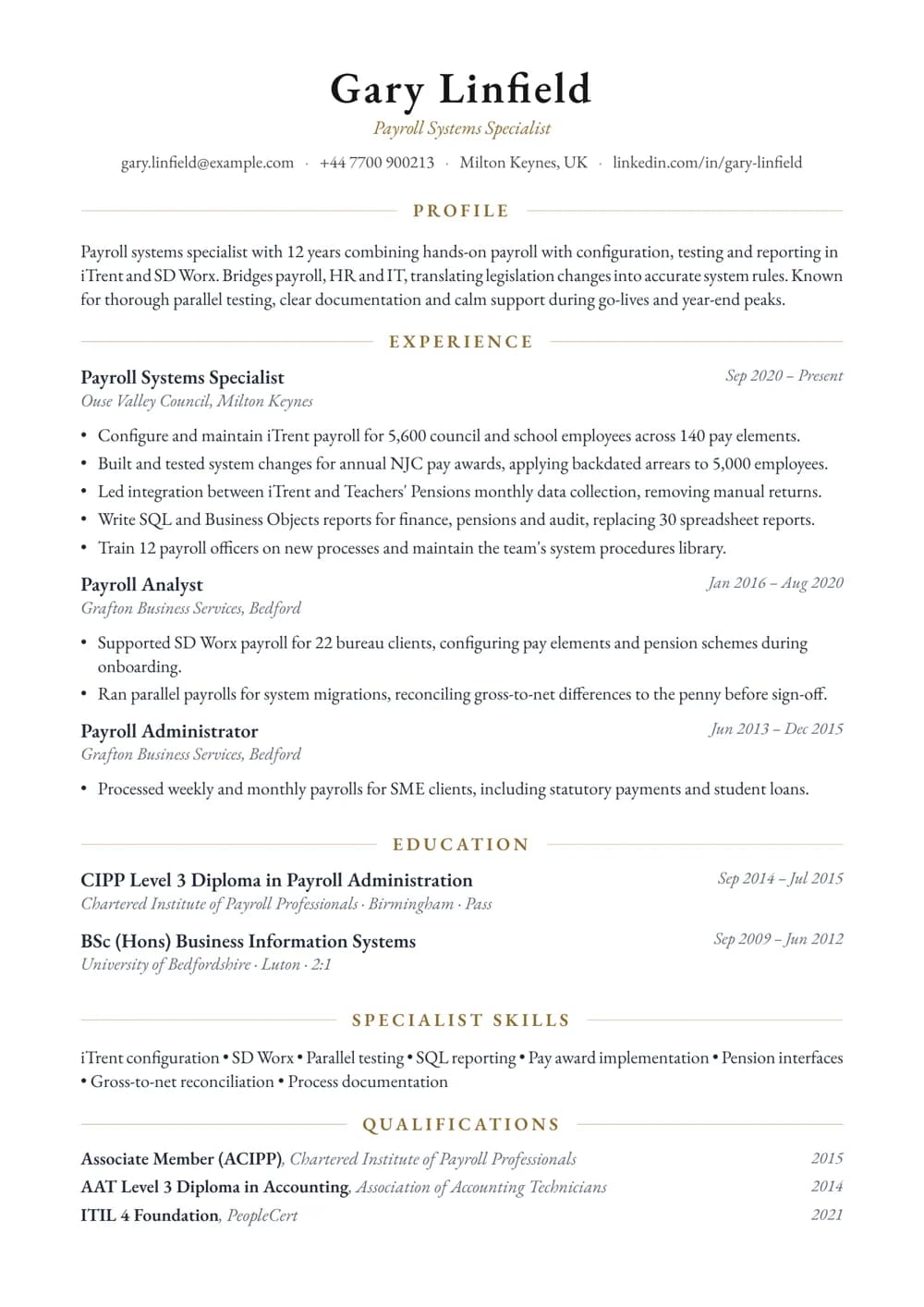 Payroll Systems Specialist CV template