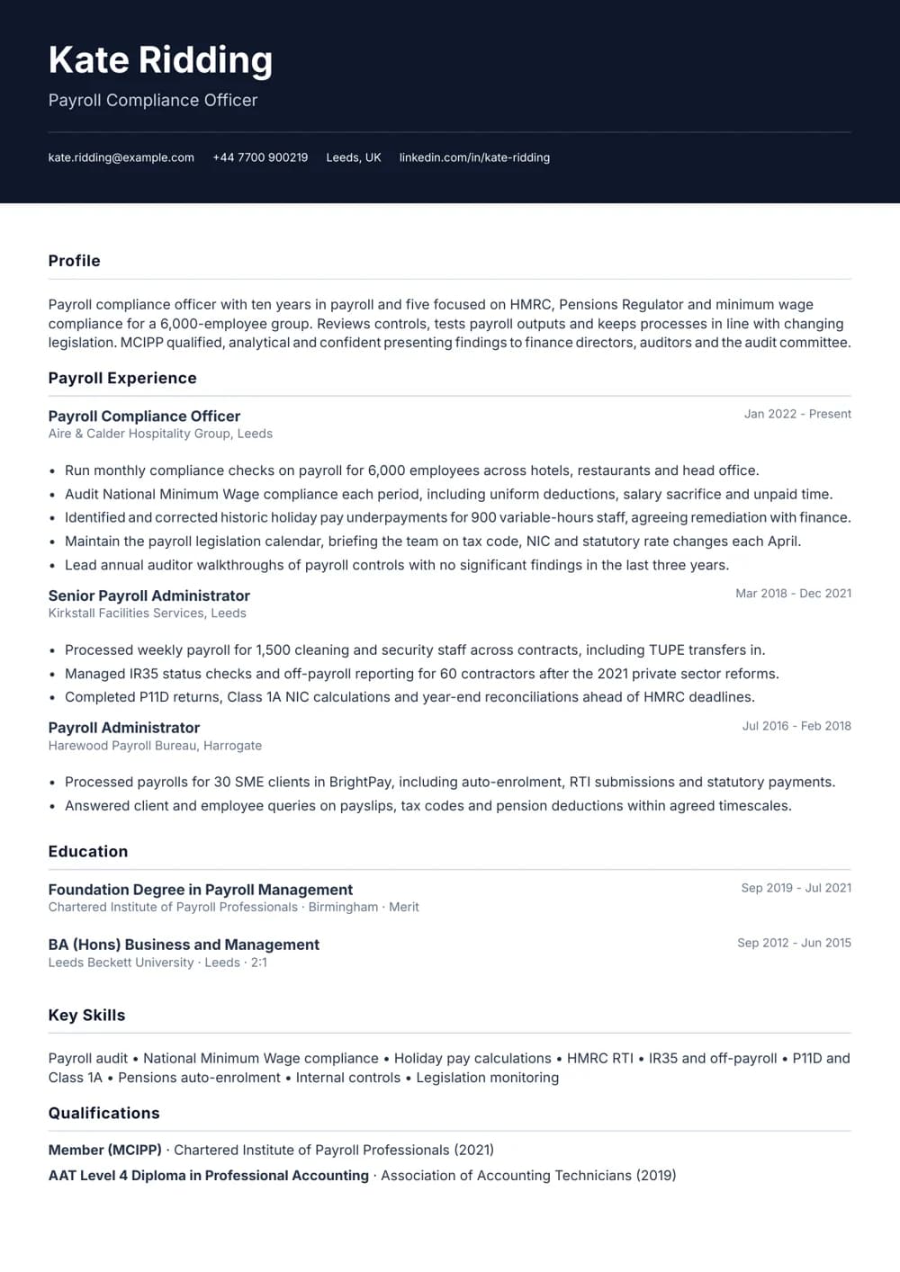 payroll compliance cv template