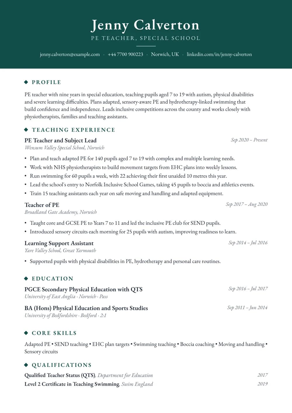 SEND PE Teacher CV template