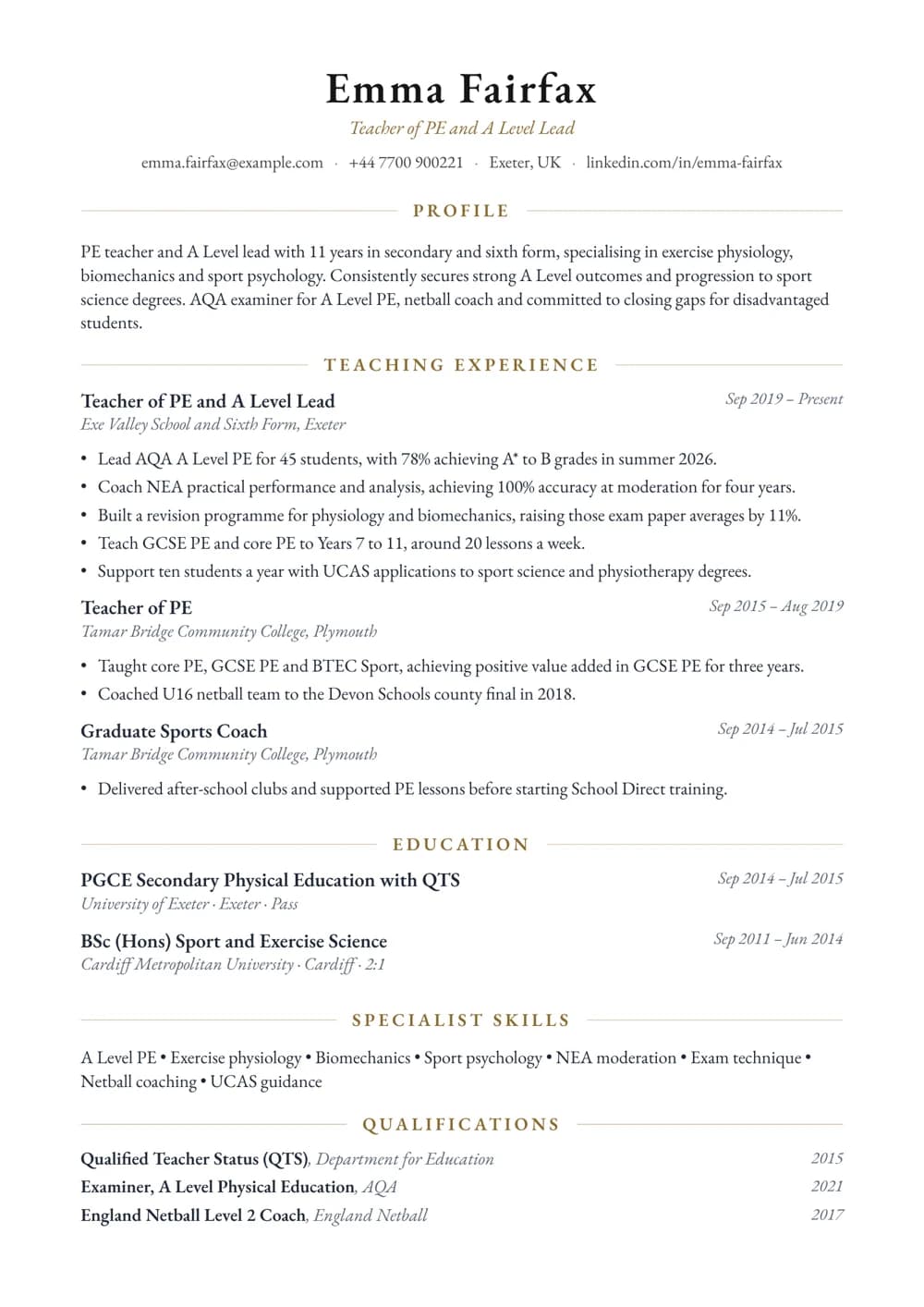 A Level PE Teacher CV template