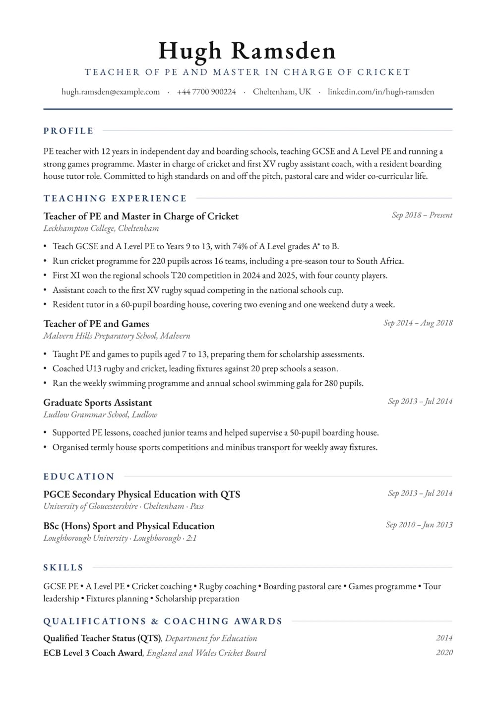 Independent School PE Teacher CV template