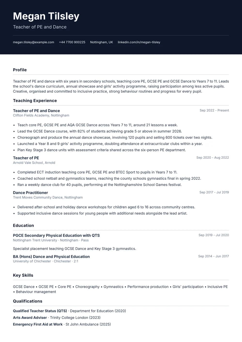 PE and Dance Teacher CV template