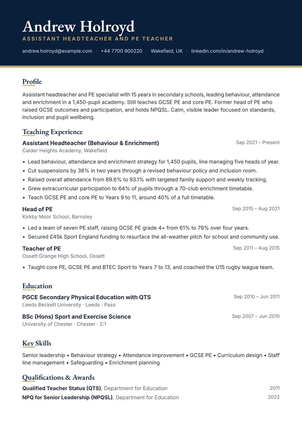 Assistant Headteacher (PE) CV template