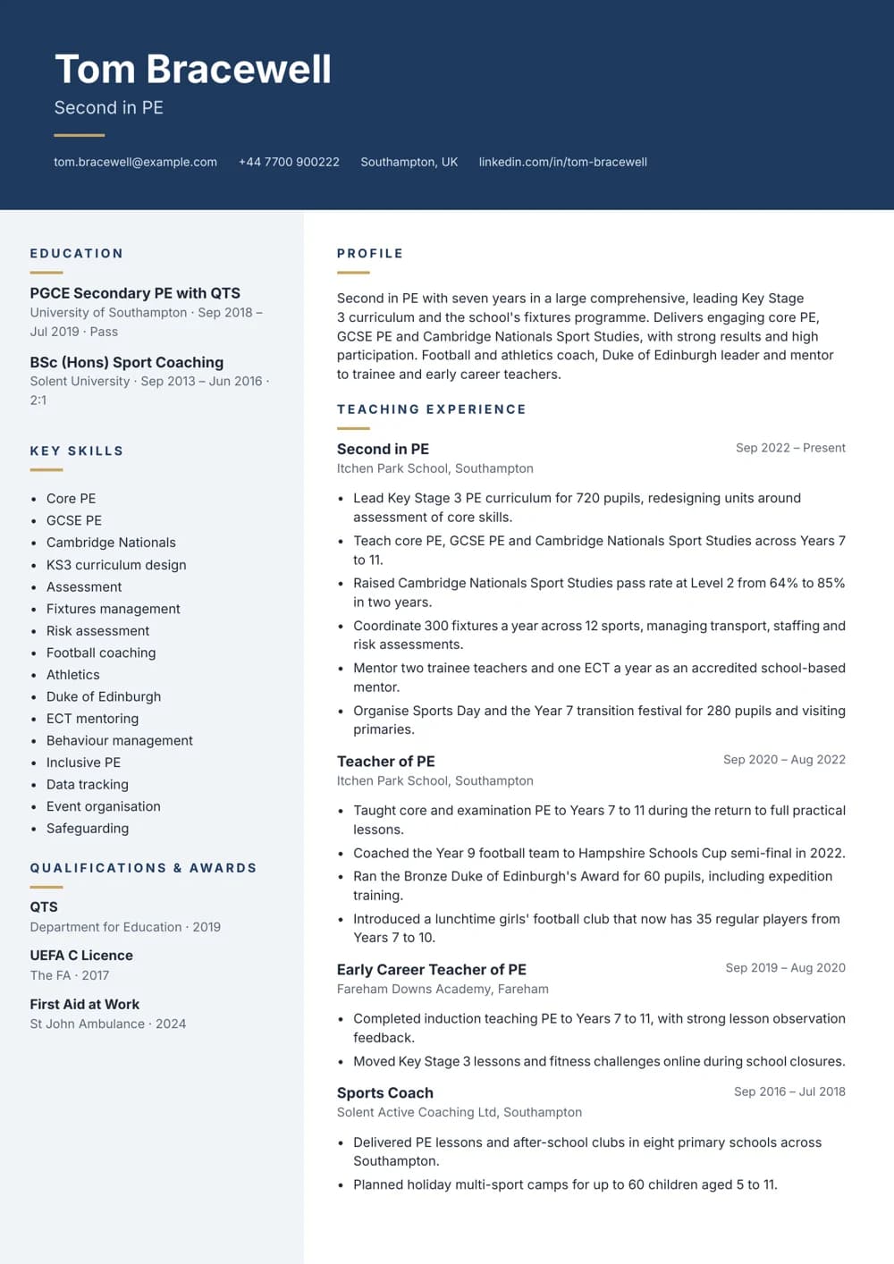 Second in PE CV template