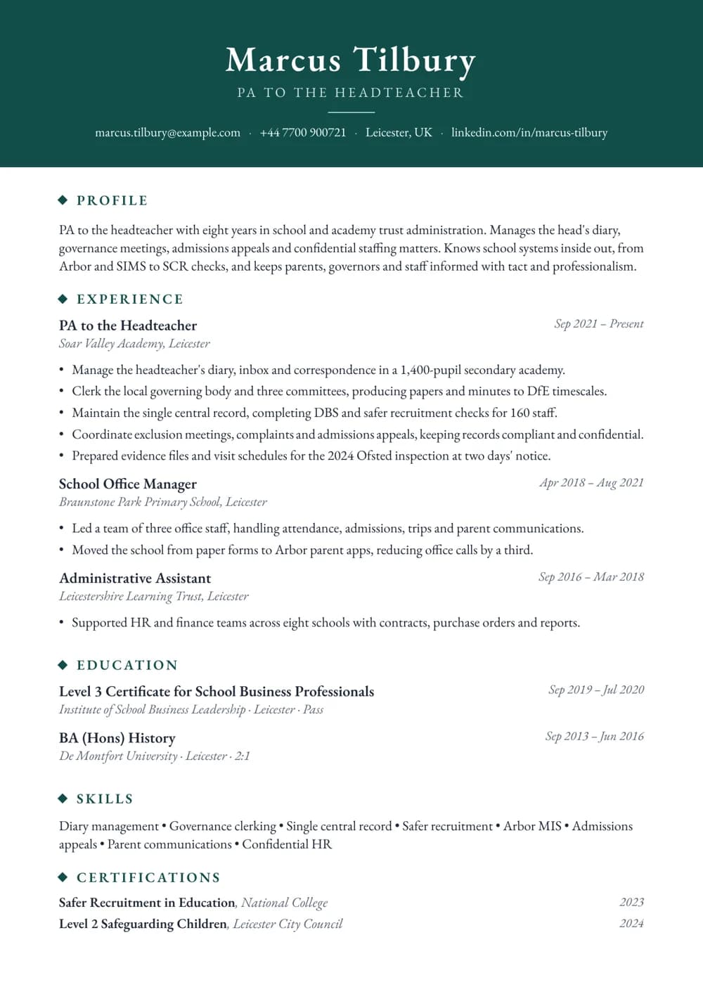 pa to headteacher cv template