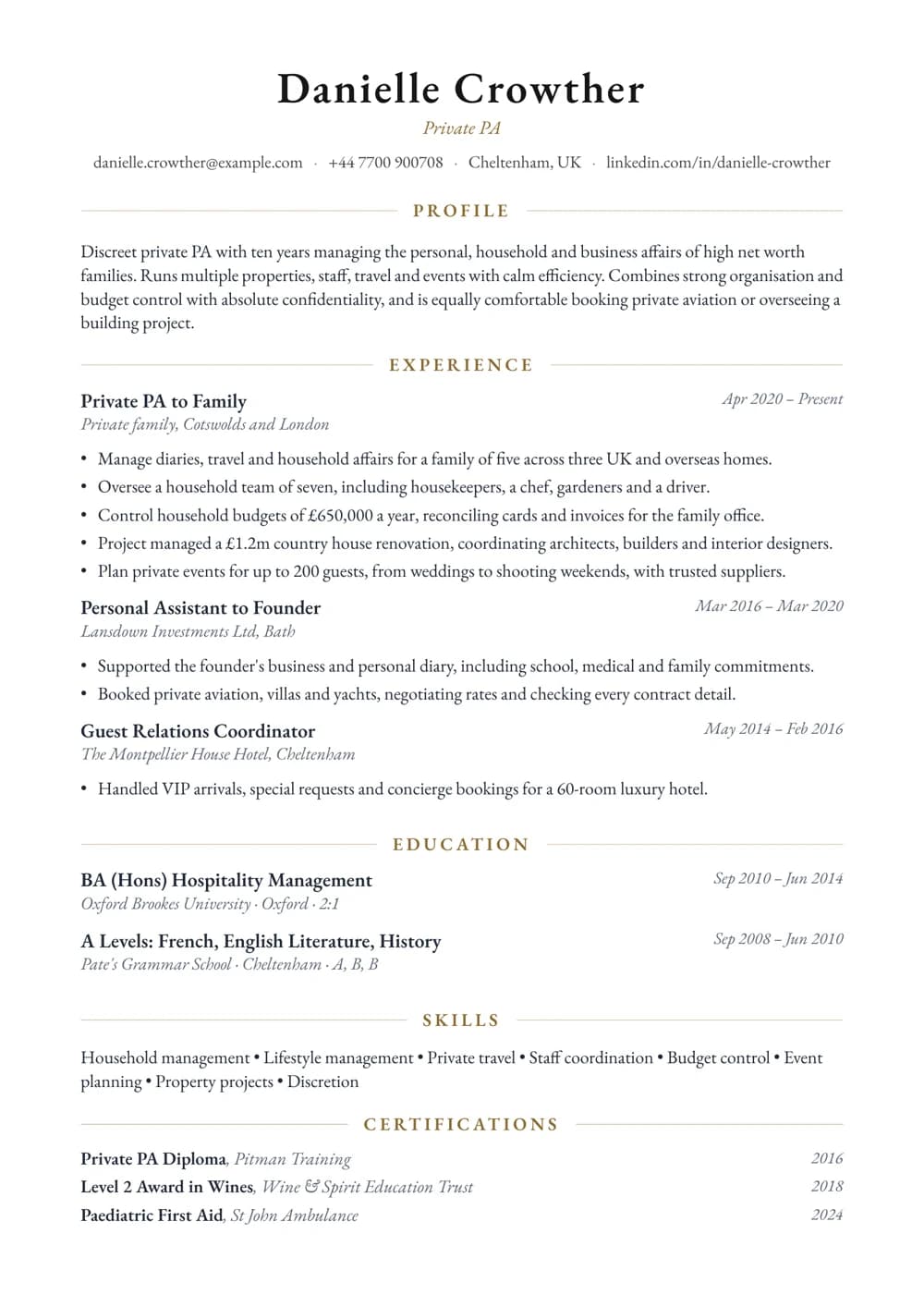 Private Household PA CV template