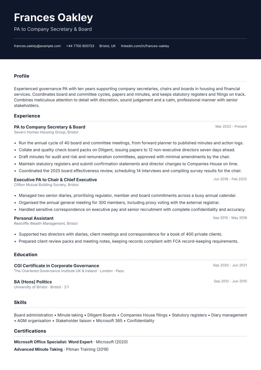 board & governance pa cv template