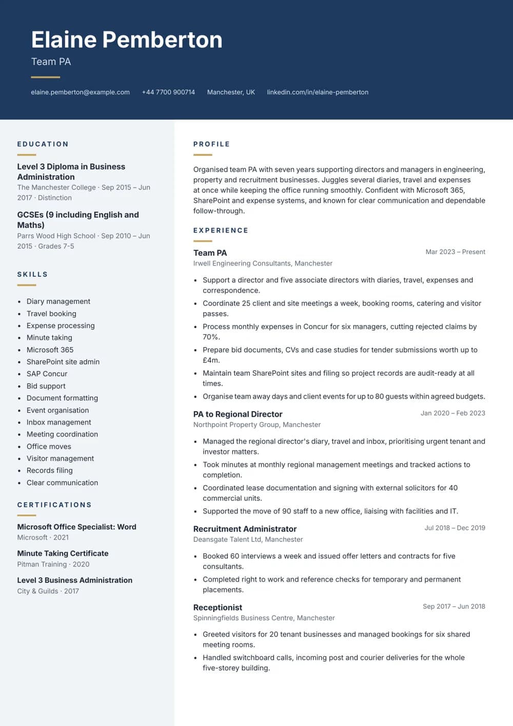 Team PA CV template