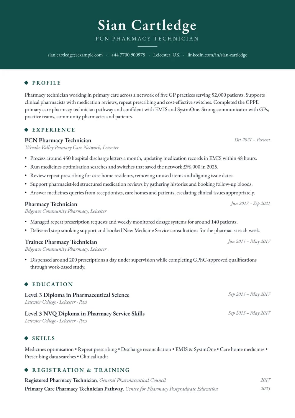 pcn pharmacy technician cv template
