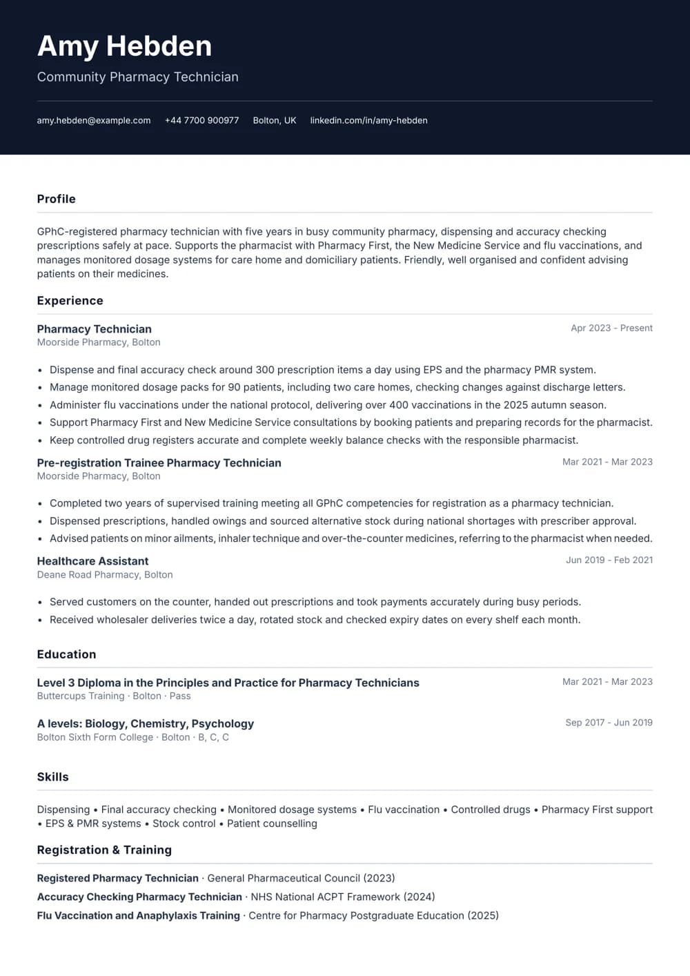 community pharmacy technician cv template