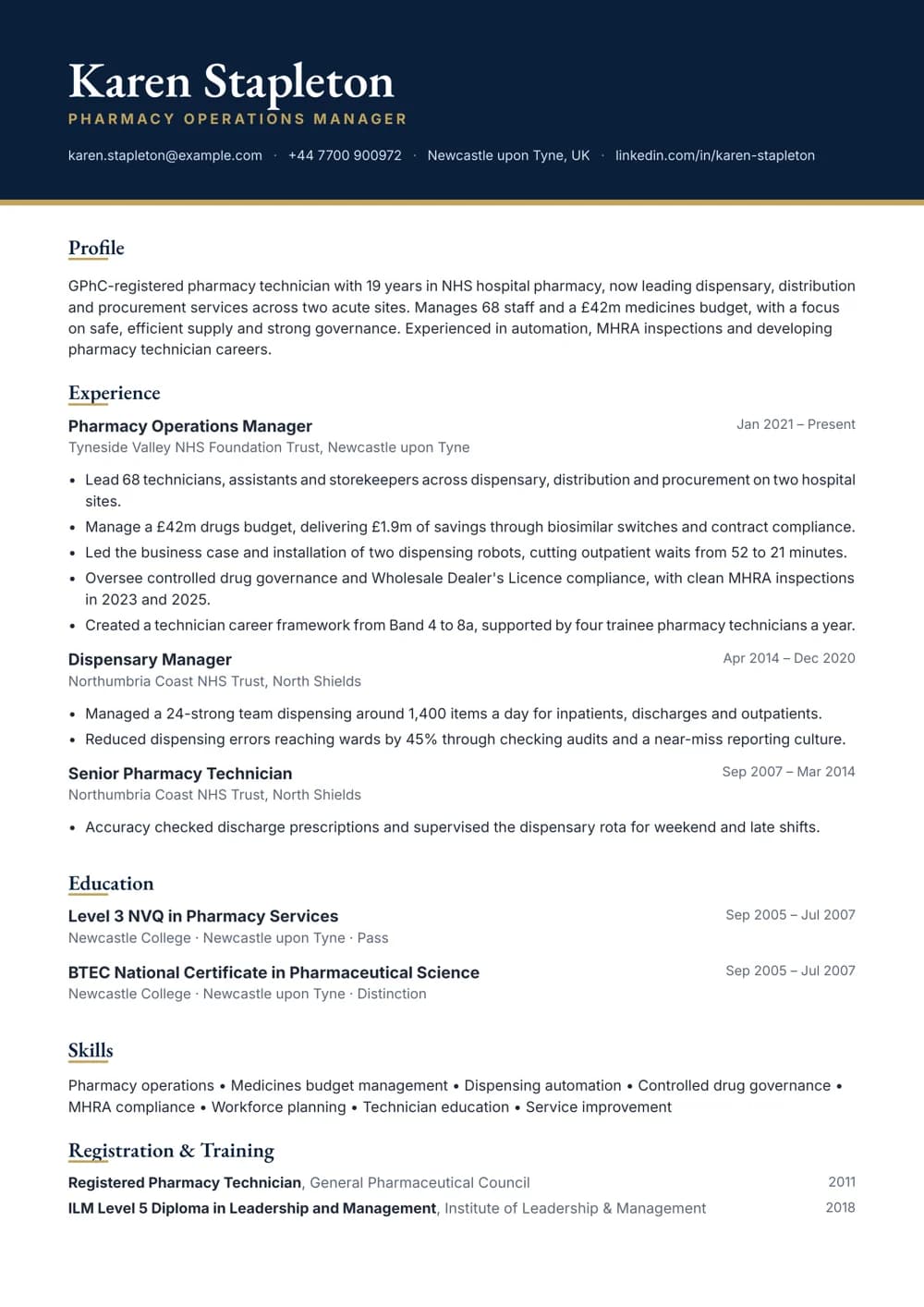 pharmacy operations manager cv template