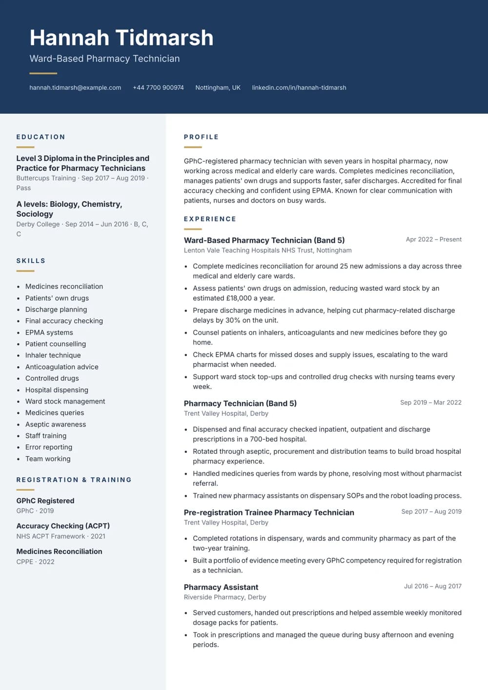 Ward-Based Pharmacy Technician CV template