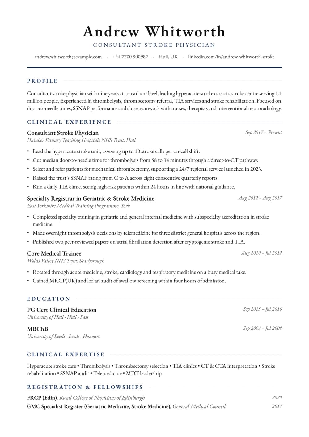Stroke Physician CV template