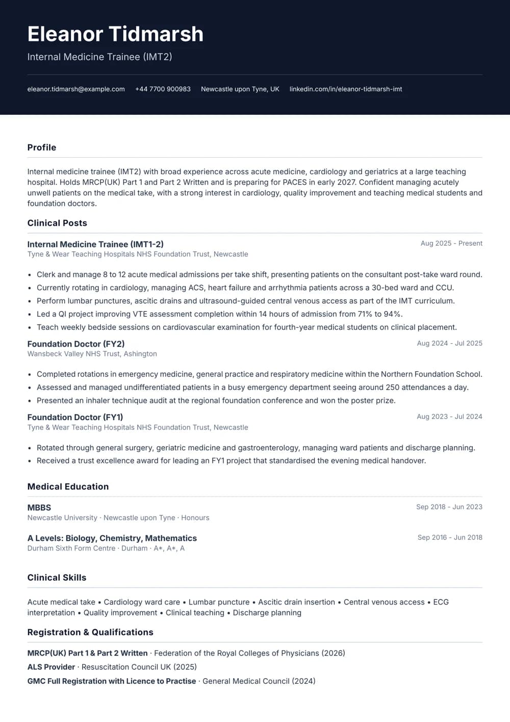 Internal Medicine Trainee CV template