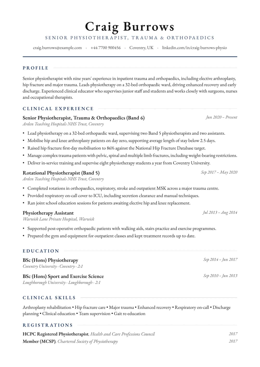 Orthopaedic Physiotherapist CV template