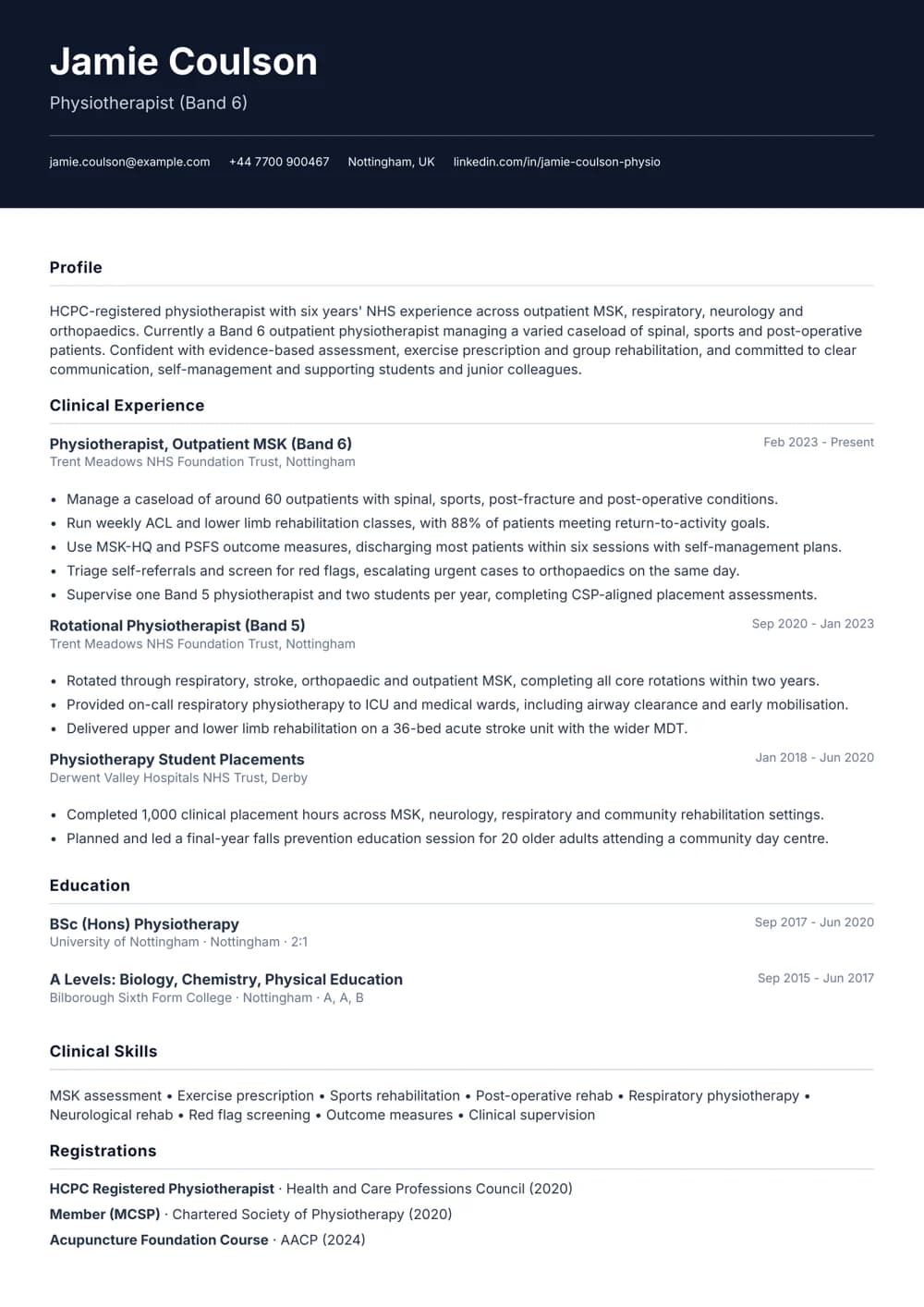 physiotherapist cv template