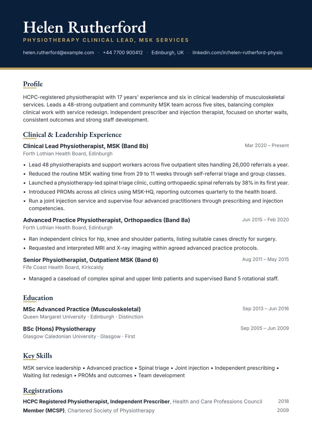 physiotherapy clinical lead cv template