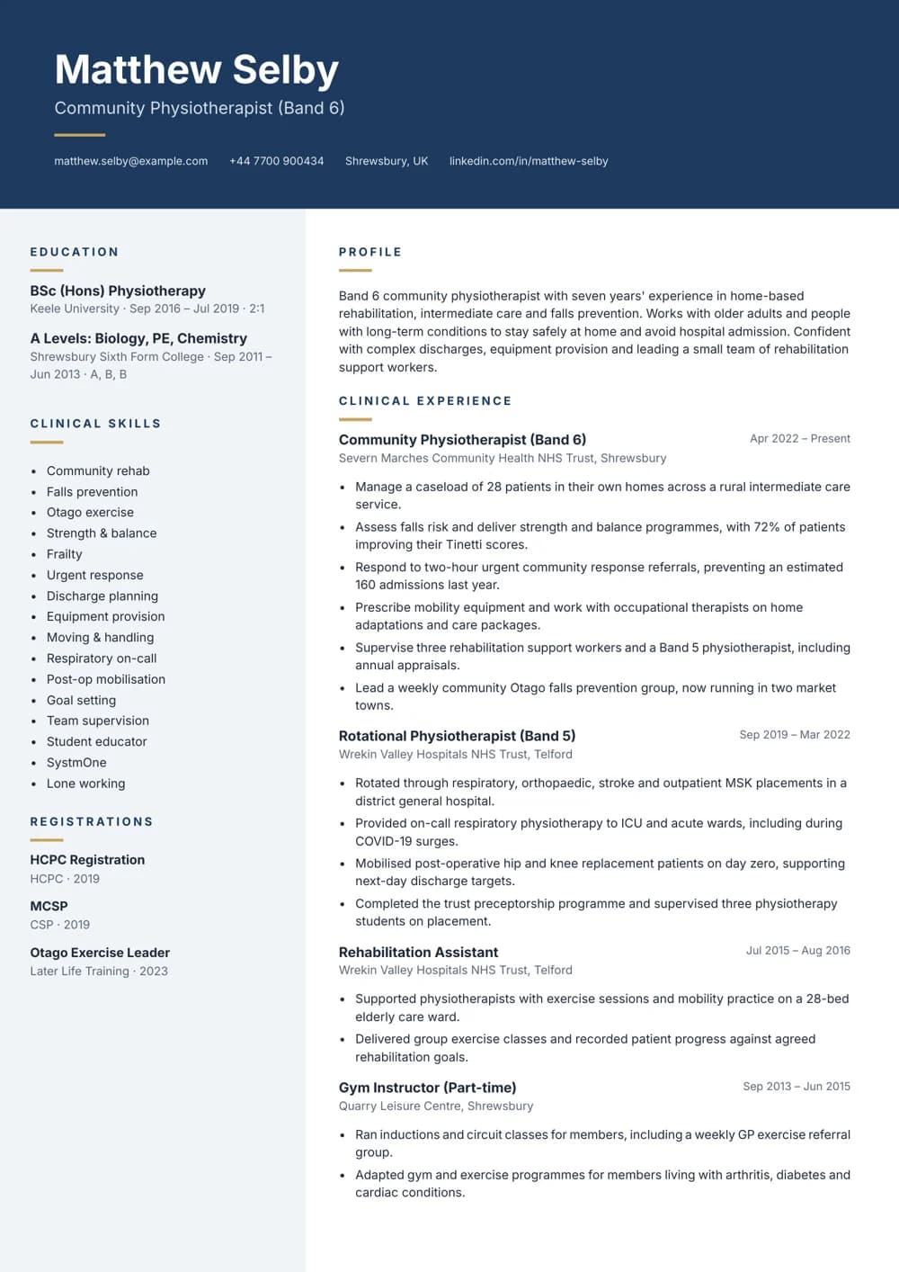 Community Rehabilitation Physiotherapist CV template