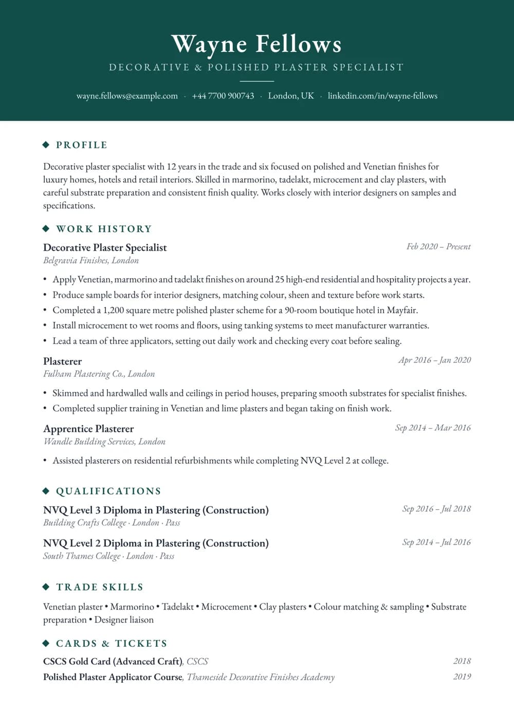 Decorative Plaster Specialist CV template