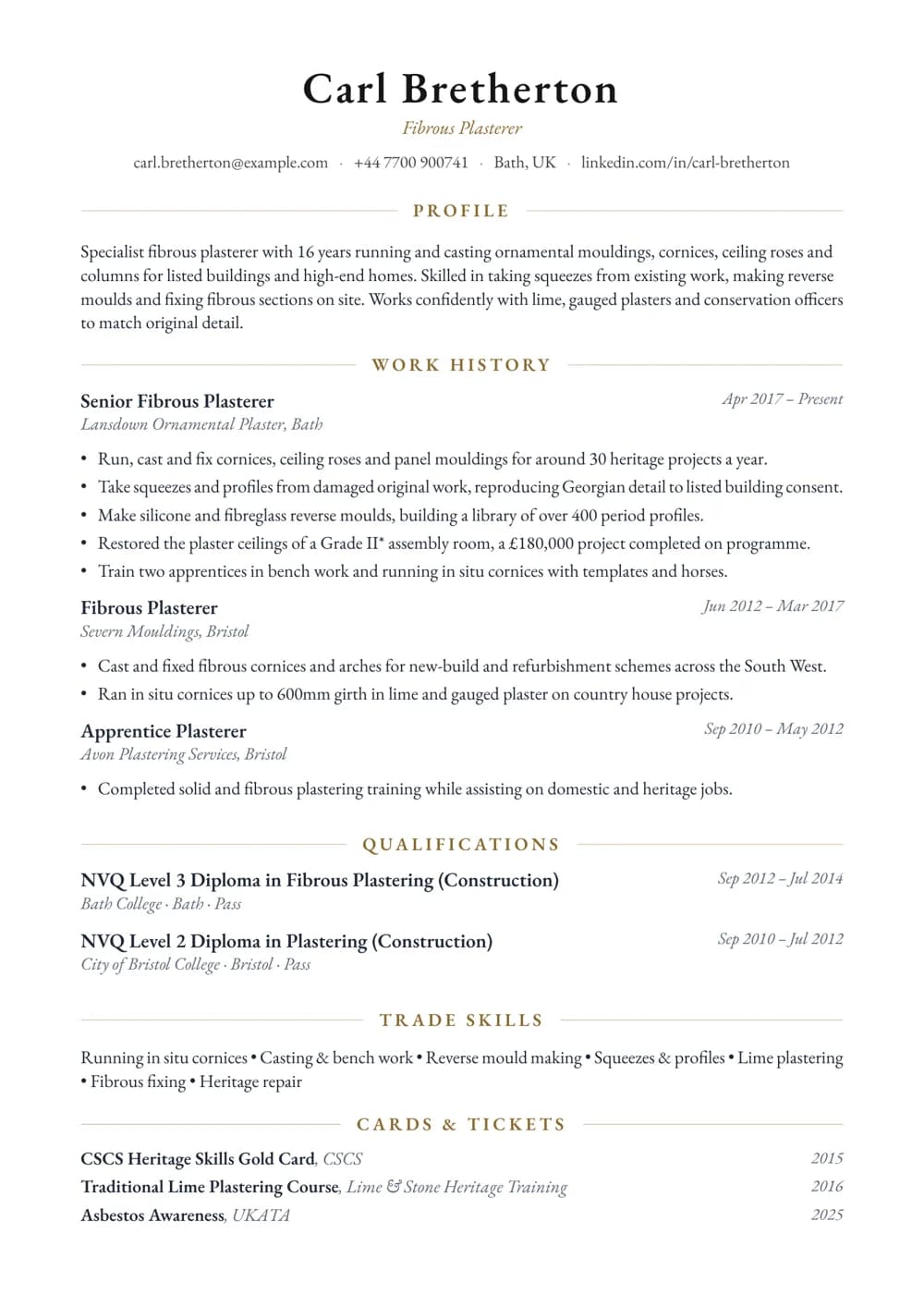 Fibrous Plasterer CV template