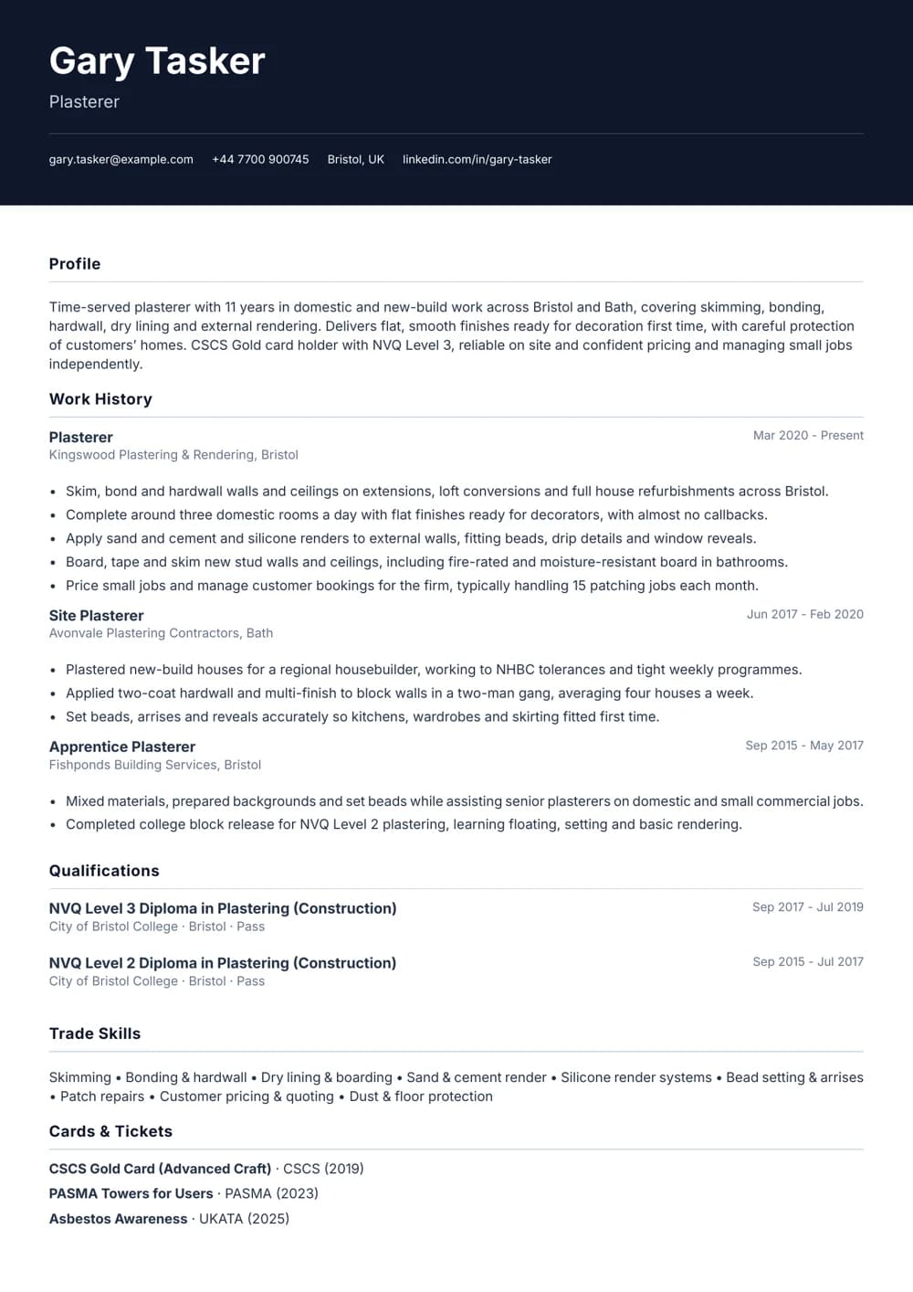 Time-Served Plasterer CV template